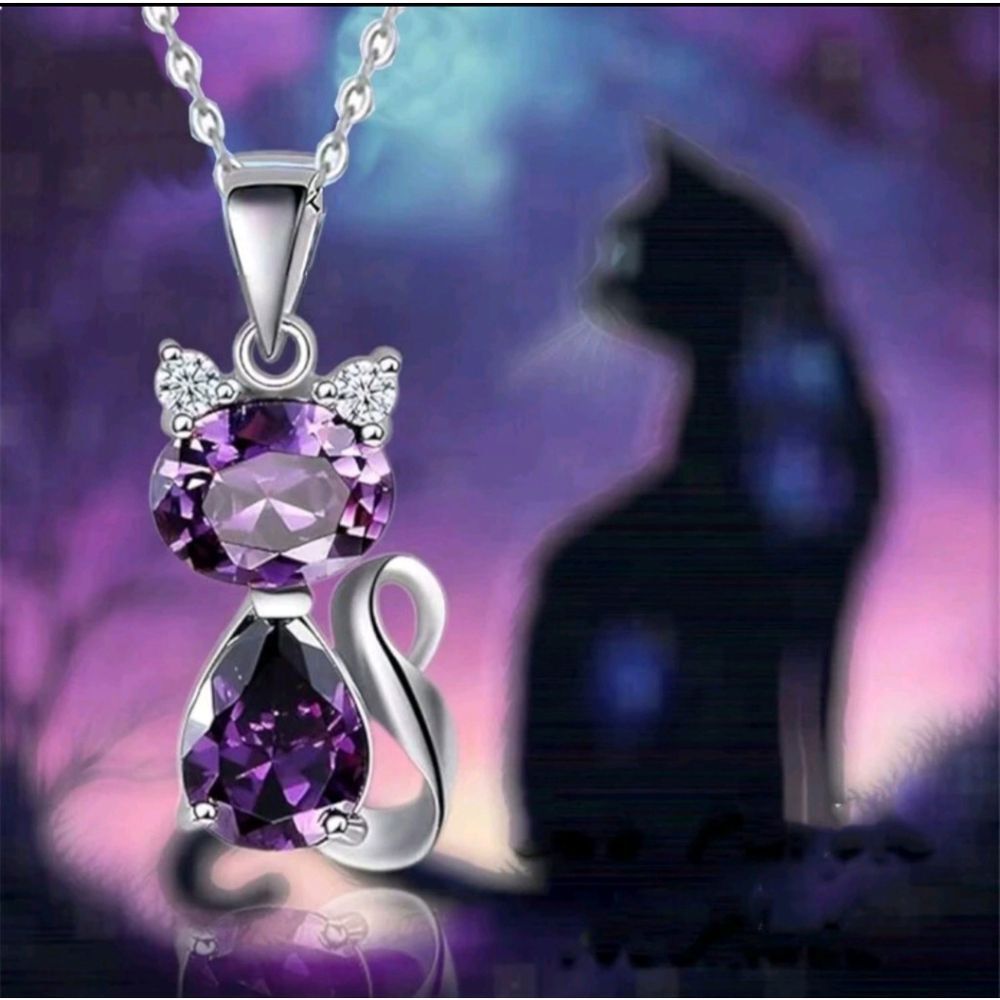 Purple Crystal Cat Pendant Necklace